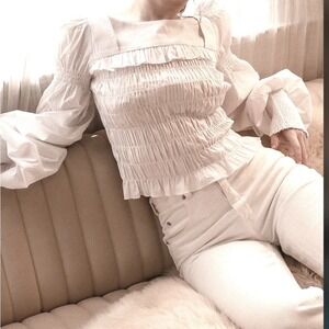 Choosy White Smocked Ruffle Puff Sleeve Square Neck Blouse Top‎ XS